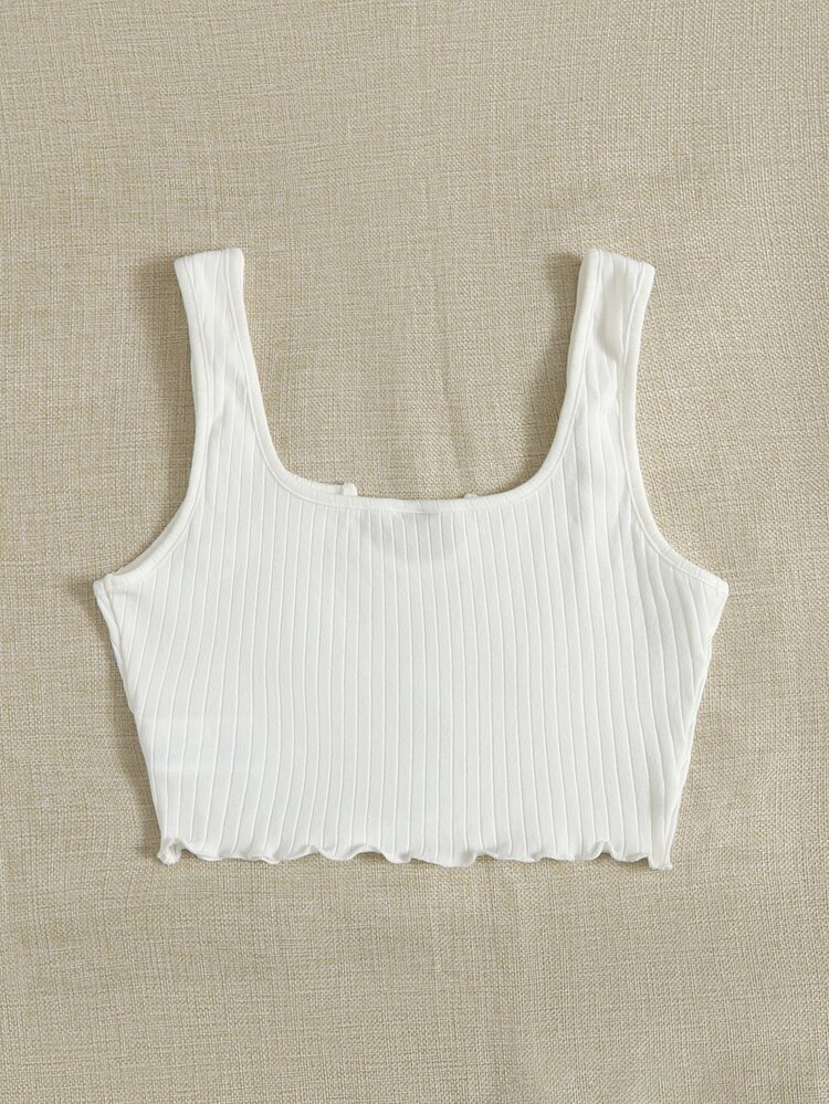 SHEIN EZwear Notch Neck Lettuce Edge Rib-knit Tank Top - White - View 2
