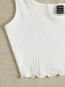 SHEIN EZwear Notch Neck Lettuce Edge Rib-knit Tank Top - White - View 3
