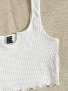 SHEIN EZwear Notch Neck Lettuce Edge Rib-knit Tank Top - White - View 4