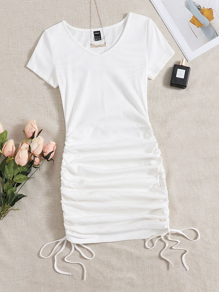 SHEIN EZwear V領抽繩抽褶側洋裝