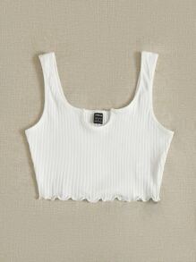 SHEIN EZwear Notch Neck Lettuce Edge Rib-knit Tank Top - White - View 5
