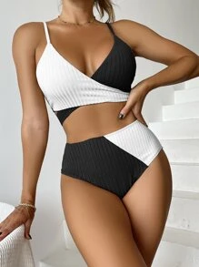 SHEIN Swim Conjunto de bikini de bloques de color para verano, parte superior tipo cami con nudo en la espalda y Bottom de cadera fruncida, 2 piezas - Negro - Ver 3