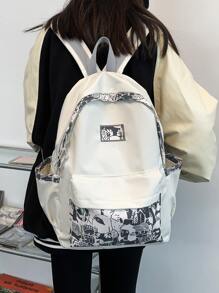 1pc Nylon Doodle Classic Student Backpack, Unisex Casual Shoulder Bag