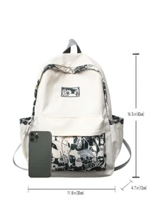 1pc Nylon Doodle Classic Student Backpack, Unisex Casual Shoulder Bag