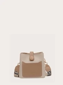 迷你雙色字母壓花挎包大容量休閒單肩包 PU 皮革拉鍊單肩包多功能可調節肩帶斜挎包 - 米色 - 查看 3