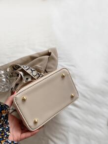 迷你雙色字母壓花挎包大容量休閒單肩包 PU 皮革拉鍊單肩包多功能可調節肩帶斜挎包 - 米色 - 查看 4