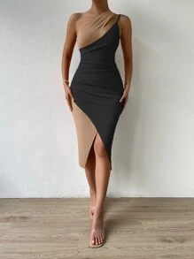 SHEIN Privé Two Tone Cut Out One Shoulder Asymmetrical Hem Dress - Multicolor - View 1