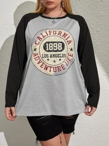 SHEIN EZwear Plus Letter Graphic Raglan Sleeve Tee - Light Grey - View 1