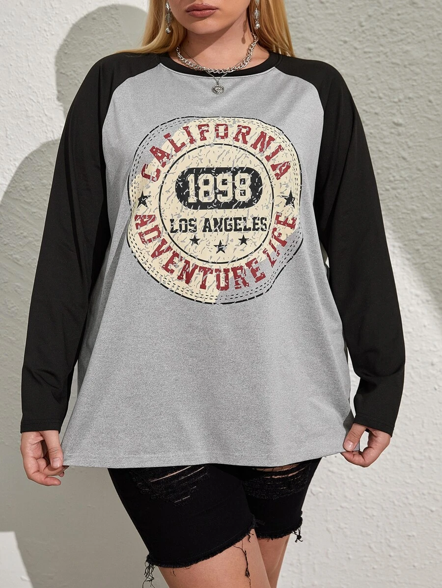 SHEIN EZwear Plus Letter Graphic Raglan Sleeve Tee - Light Grey - View 1