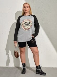 SHEIN EZwear Plus Letter Graphic Raglan Sleeve Tee - Light Grey - View 3