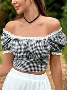 SHEIN Off Shoulder Puff Sleeve Gingham Top - Black and White - View 1