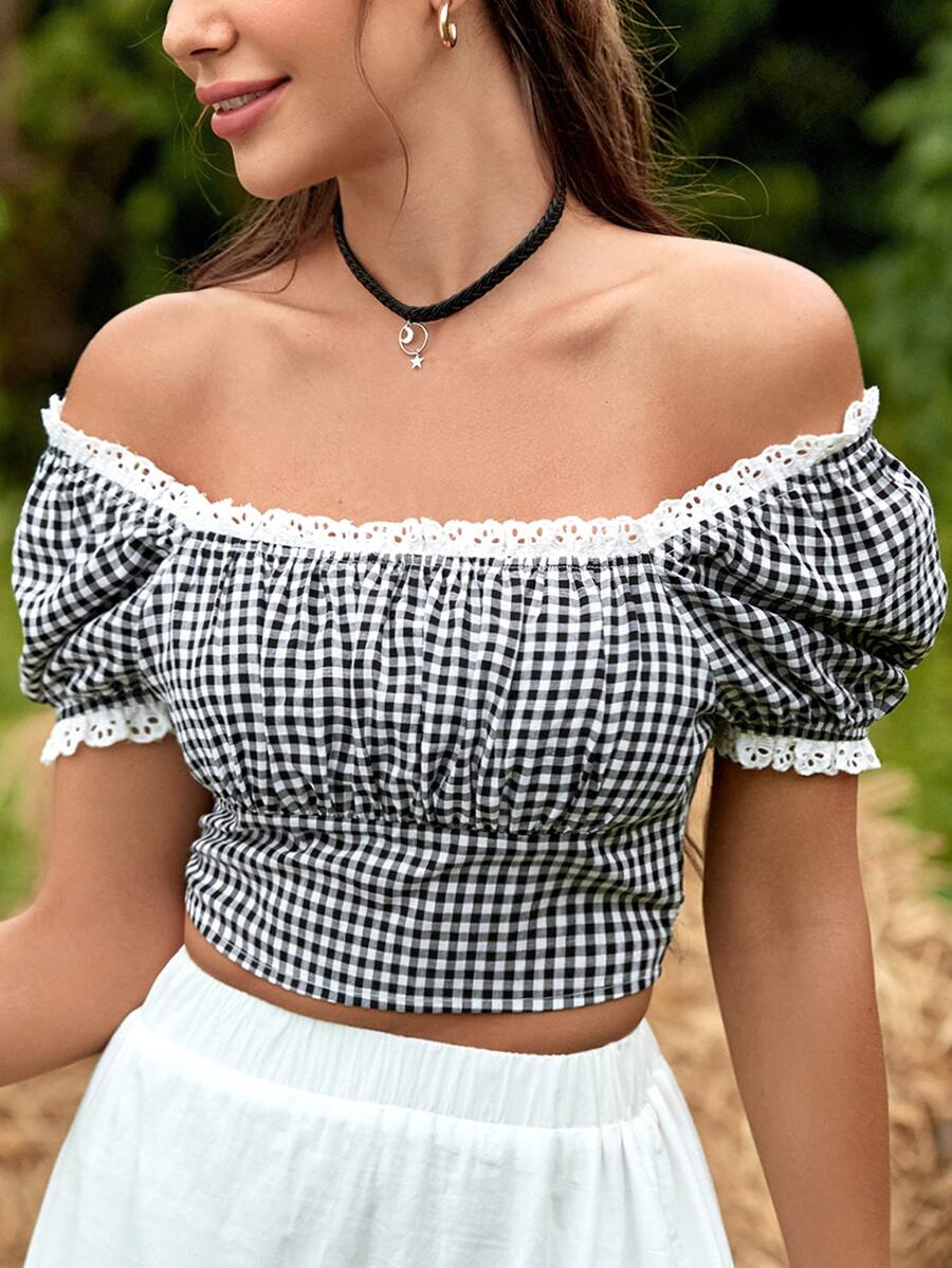 SHEIN Off Shoulder Puff Sleeve Gingham Top - Black and White - View 1