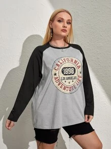 SHEIN EZwear Plus Letter Graphic Raglan Sleeve Tee - Light Grey - View 4