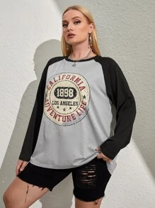SHEIN EZwear Plus Letter Graphic Raglan Sleeve Tee - Light Grey - View 5