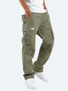 Chillumni Men Patched Detail Flap Pocket Drawstring Waist Cargo Pants - Army Green - View 1