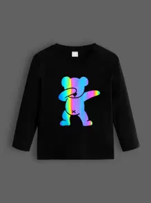 SHEIN Toddler Boys Reflective Cartoon Graphic Tee - Black - View 1
