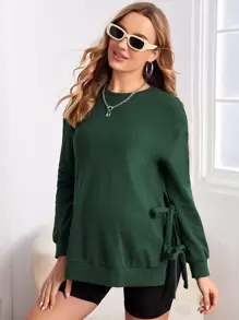 SHEIN Maternity Drop Shoulder Knot Side Pullover - Dark Green - View 1