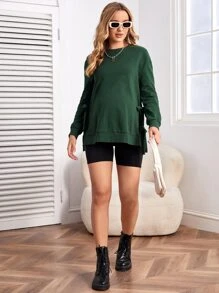 SHEIN Maternity Drop Shoulder Knot Side Pullover - Dark Green - View 4