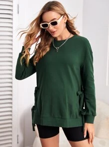 SHEIN Maternity Drop Shoulder Knot Side Pullover - Dark Green - View 5