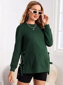 SHEIN Maternity Drop Shoulder Knot Side Pullover - Dark Green - View 6