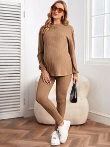 SHEIN Maternity Drop Shoulder Rib-knit Tee & Adjustable Waist Leggings Set - Khaki - View 3