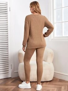 SHEIN Maternity Drop Shoulder Rib-knit Tee & Adjustable Waist Leggings Set - Khaki - View 2