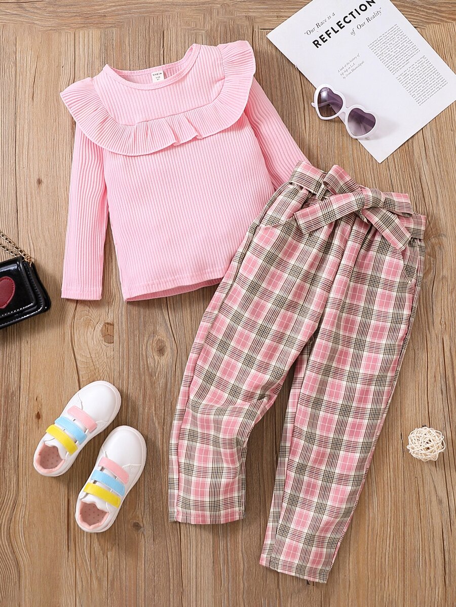 Toddler Girls Ruffle Trim Tee & Plaid Belted Pants - Pink - View 1