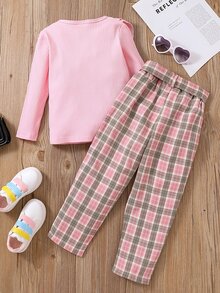 Toddler Girls Ruffle Trim Tee & Plaid Belted Pants - Pink - View 2