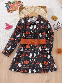 小女童萬聖印花腰帶襯衫洋裝