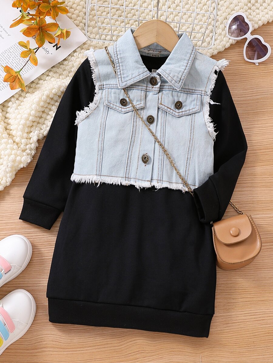 SHEIN Cô Gái Trẻ Cắt Thô Denim Áo khoác vest & Đầm - Nhiều màu - Xem 1