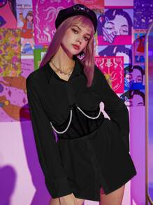 ROMWE Solid Button Front Shirt Without Corset - Black - View 1