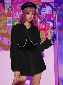 ROMWE Solid Button Front Shirt Without Corset - Black - View 3