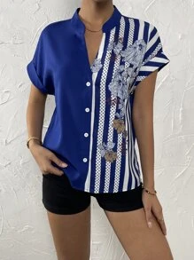 SHEIN Clasi 花卉圖案和條紋印花前排扣襯衫 - 藍白色 - 查看 3