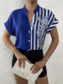 SHEIN Clasi 花卉圖案和條紋印花前排扣襯衫 - 藍白色 - 查看 5
