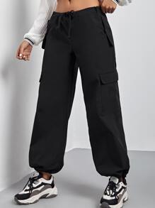 SHEIN Coolane Pantalones cargo de cintura con cordón con bolsillo con solapa - Negro - Ver 1