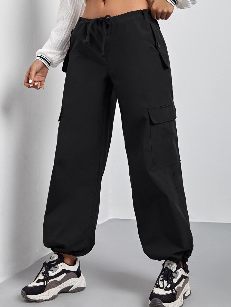 SHEIN Coolane Pantalones cargo de cintura con cordón con bolsillo con solapa - Negro - Ver 1