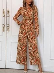 SHEIN Unity Allover Print Puff Sleeve Jumpsuit - Multicolor - View 6