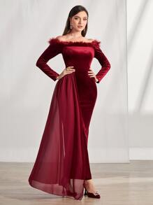 Modelyn 一字肩後背開衩絲絨舞會連衣裙 - 酒紅色 - 查看 1