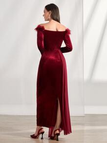 Modelyn 一字肩後背開衩絲絨舞會連衣裙 - 酒紅色 - 查看 2