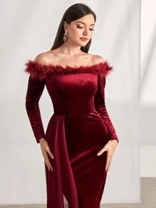 Modelyn 一字肩後背開衩絲絨舞會連衣裙 - 酒紅色 - 查看 4