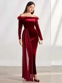 Modelyn 一字肩後背開衩絲絨舞會連衣裙 - 酒紅色 - 查看 5