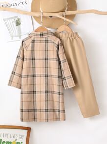 Toddler Boys Plaid Print Raglan Sleeve Coat & Trousers & Tee - Khaki - View 2