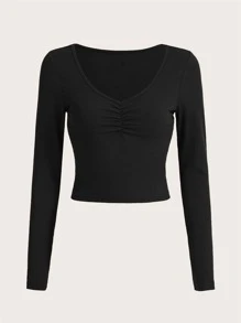 ROMWE Solid Ruched Crop Tee, Going Out Top - Black - View 1