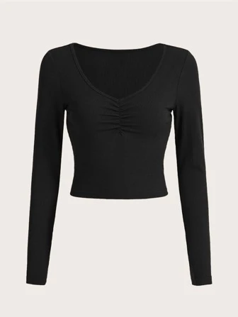 Camiseta corta sólida fruncida, top para salir