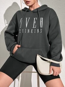 SHEIN EZwear Plus Size Letter Graphic Kangaroo Pocket Drop Shoulder Drawstring Thermal Sweatshirt - Dark Grey - View 1