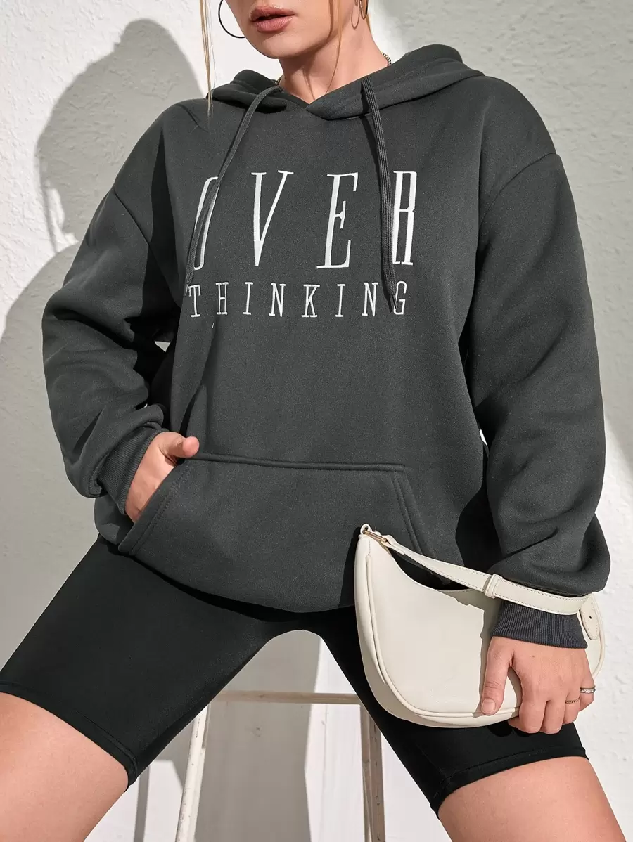 SHEIN EZwear Plus Size Letter Graphic Kangaroo Pocket Drop Shoulder Drawstring Thermal Sweatshirt - Dark Grey - View 1