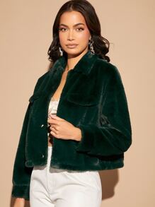 SHEIN Flap Detail Fuzzy Coat - Dark Green - View 3