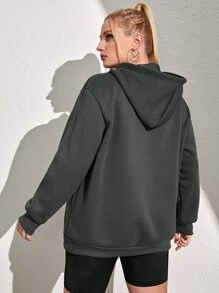 SHEIN EZwear Plus Size Letter Graphic Kangaroo Pocket Drop Shoulder Drawstring Thermal Sweatshirt - Dark Grey - View 2