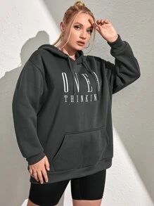 SHEIN EZwear Plus Size Letter Graphic Kangaroo Pocket Drop Shoulder Drawstring Thermal Sweatshirt - Dark Grey - View 3