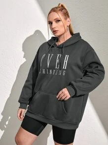 SHEIN EZwear Plus Size Letter Graphic Kangaroo Pocket Drop Shoulder Drawstring Thermal Sweatshirt - Dark Grey - View 4